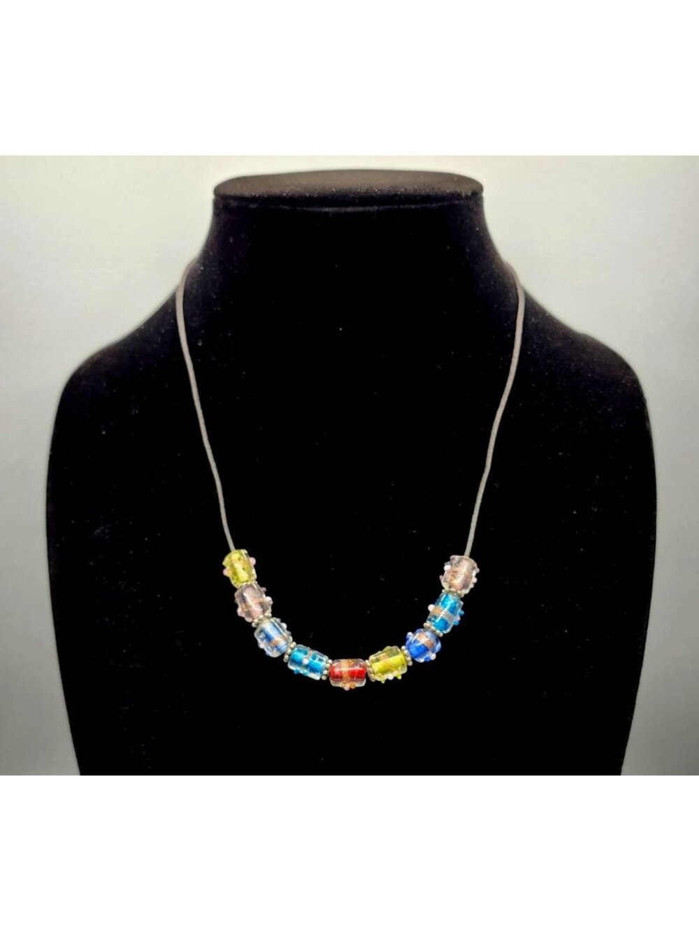 Colorful Glass Bead Necklace On Adjustable Black Cord